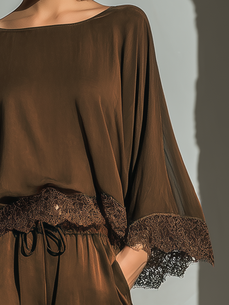 Alice - Chocolate Satin Boat Neck Top & Shorts Set