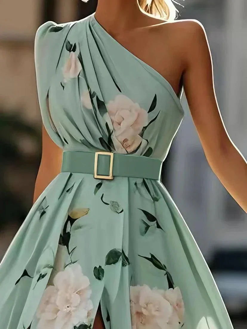 Sella - Ruched One Shoulder A-Line Maxi Chiffon Dress