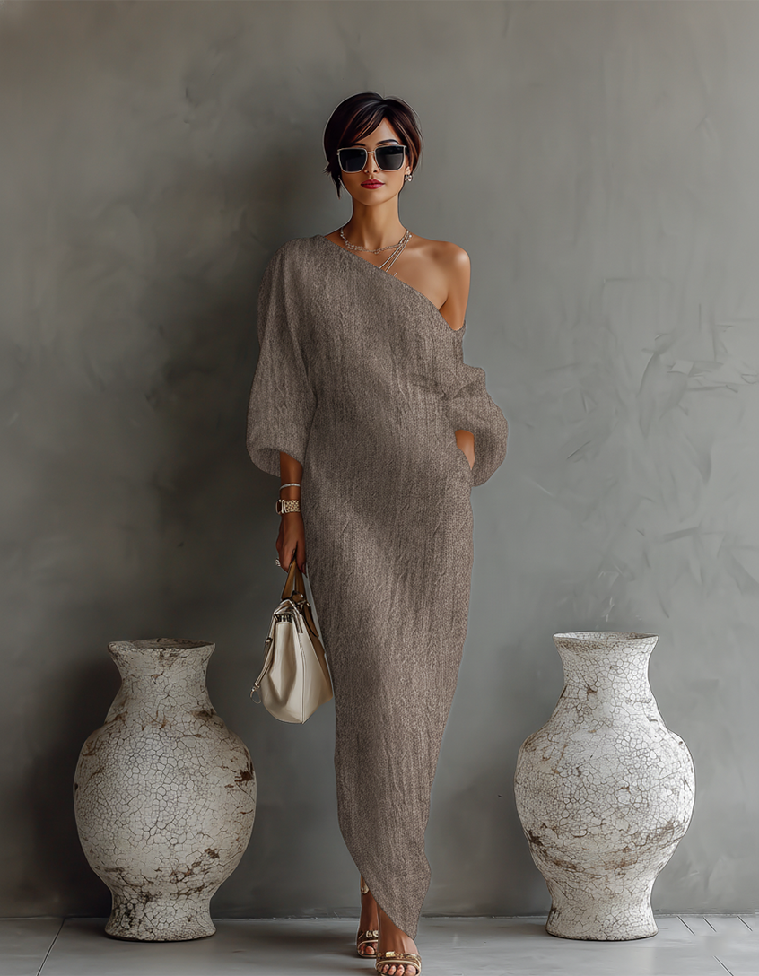 Ivory Linen Dress Off-Shoulder