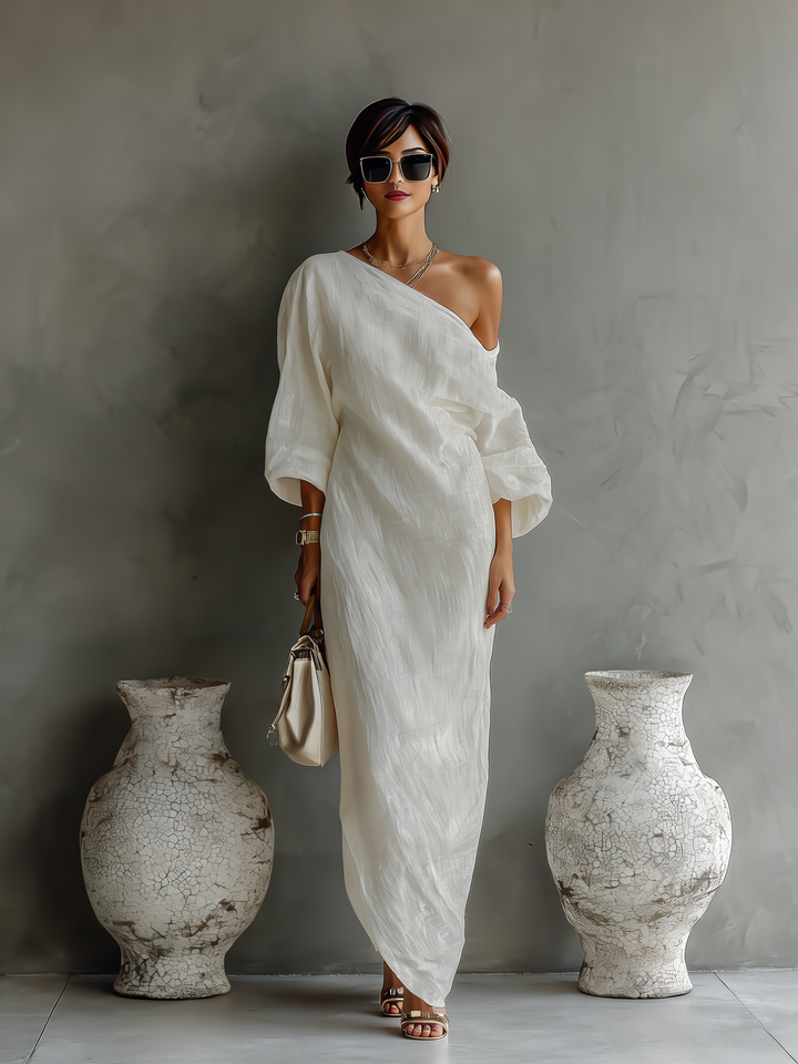 Ivory Linen Dress Off-Shoulder