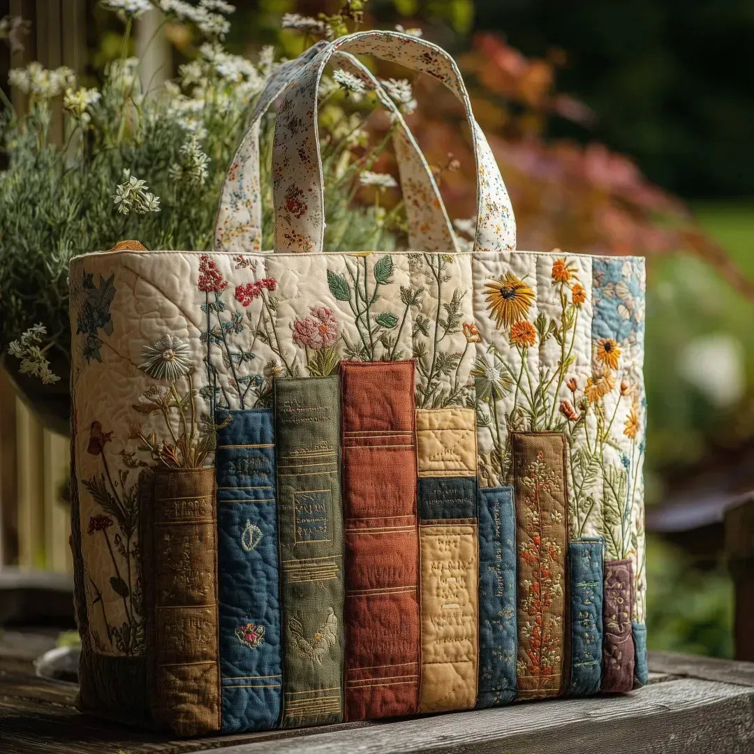 Handgjord quiltad väska – Böcker och blommor