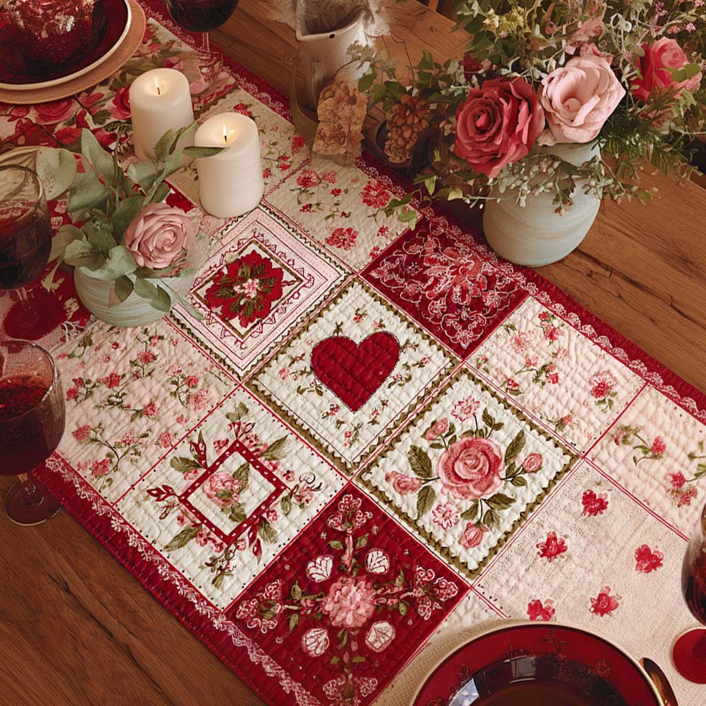 Quiltad bordstablett – Hjärtan och rosor