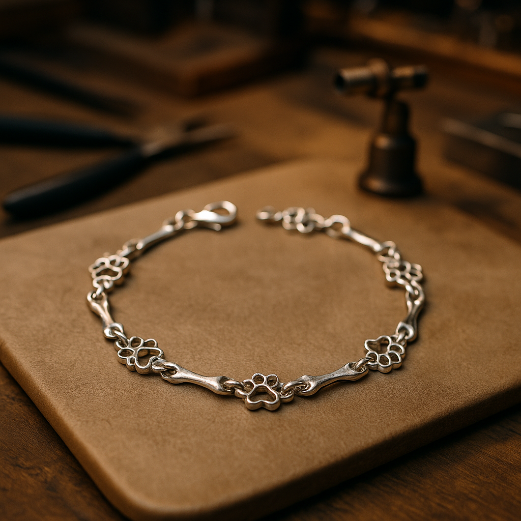 Armband i begränsad upplaga med berlocker i massivt silver formade som hundtass och ben