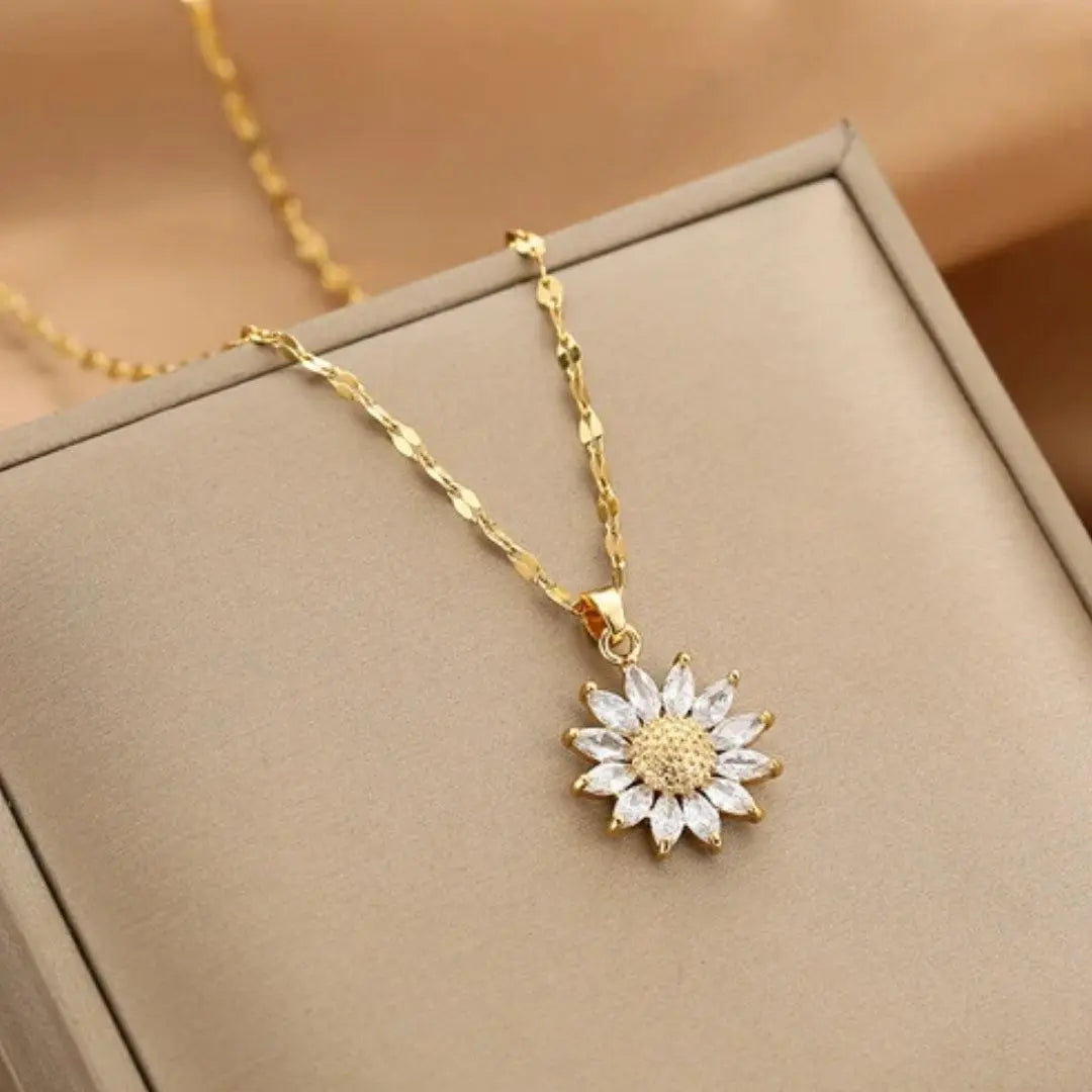 Halsband i guldfärgad kristall med solroshänge