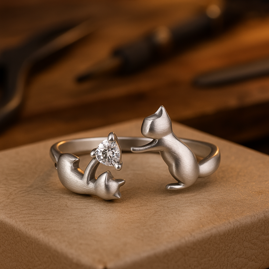 Justerbar ring i sterlingsilver med lekfull kattdesign och kubisk zirkonia