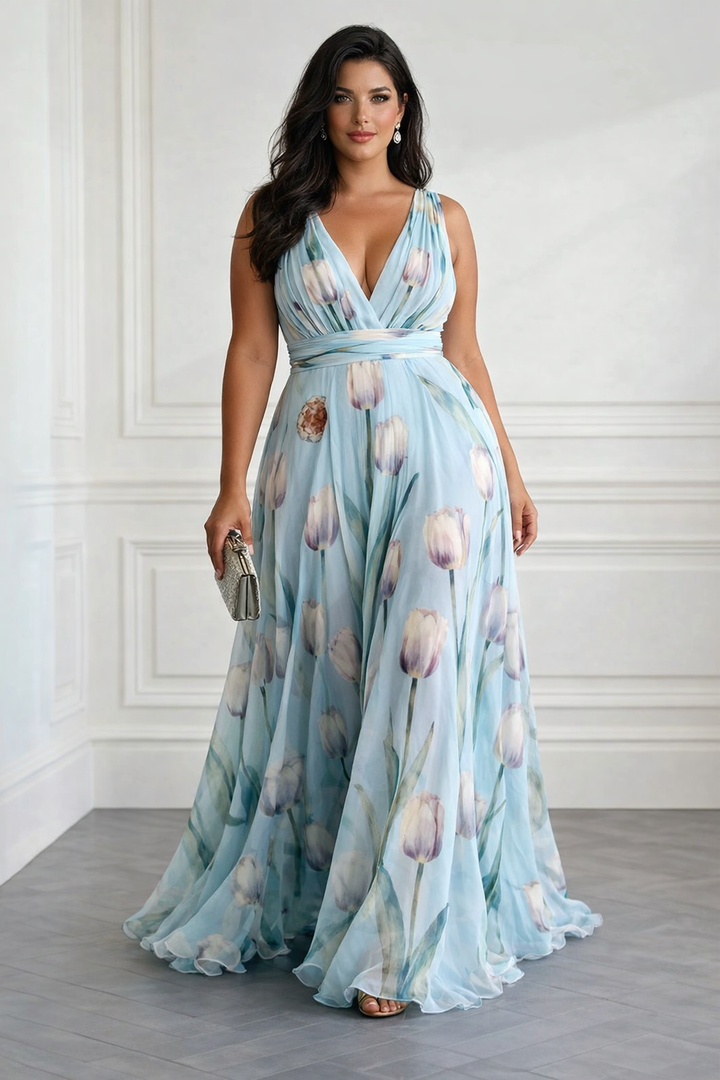 Nerea  - Elegant Tulip Print V-neck Maxi Dress