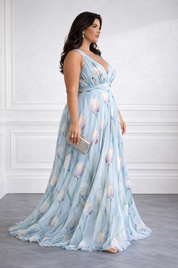 Nerea  - Elegant Tulip Print V-neck Maxi Dress