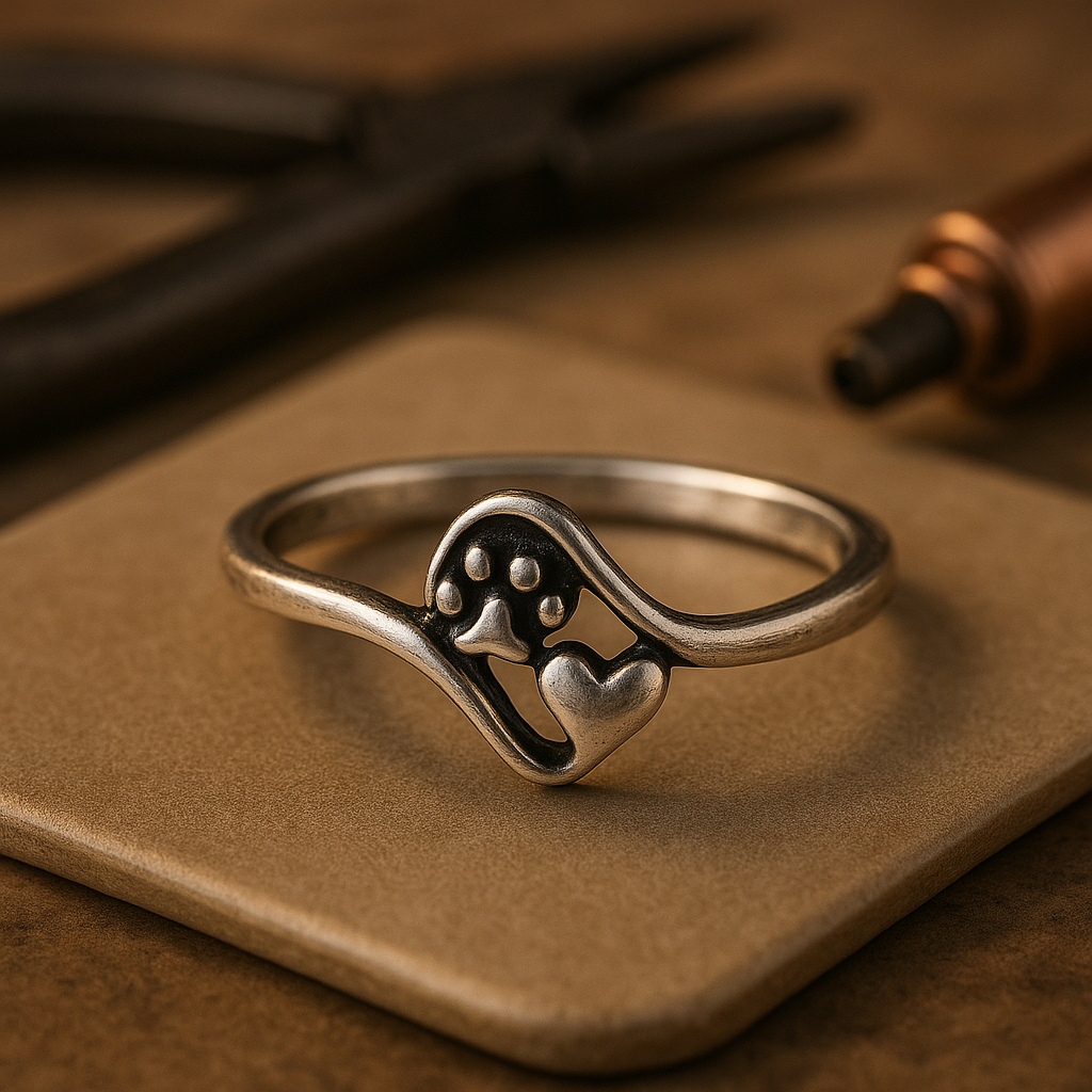 Vintagering i sterlingsilver med tass- och hjärtdesign