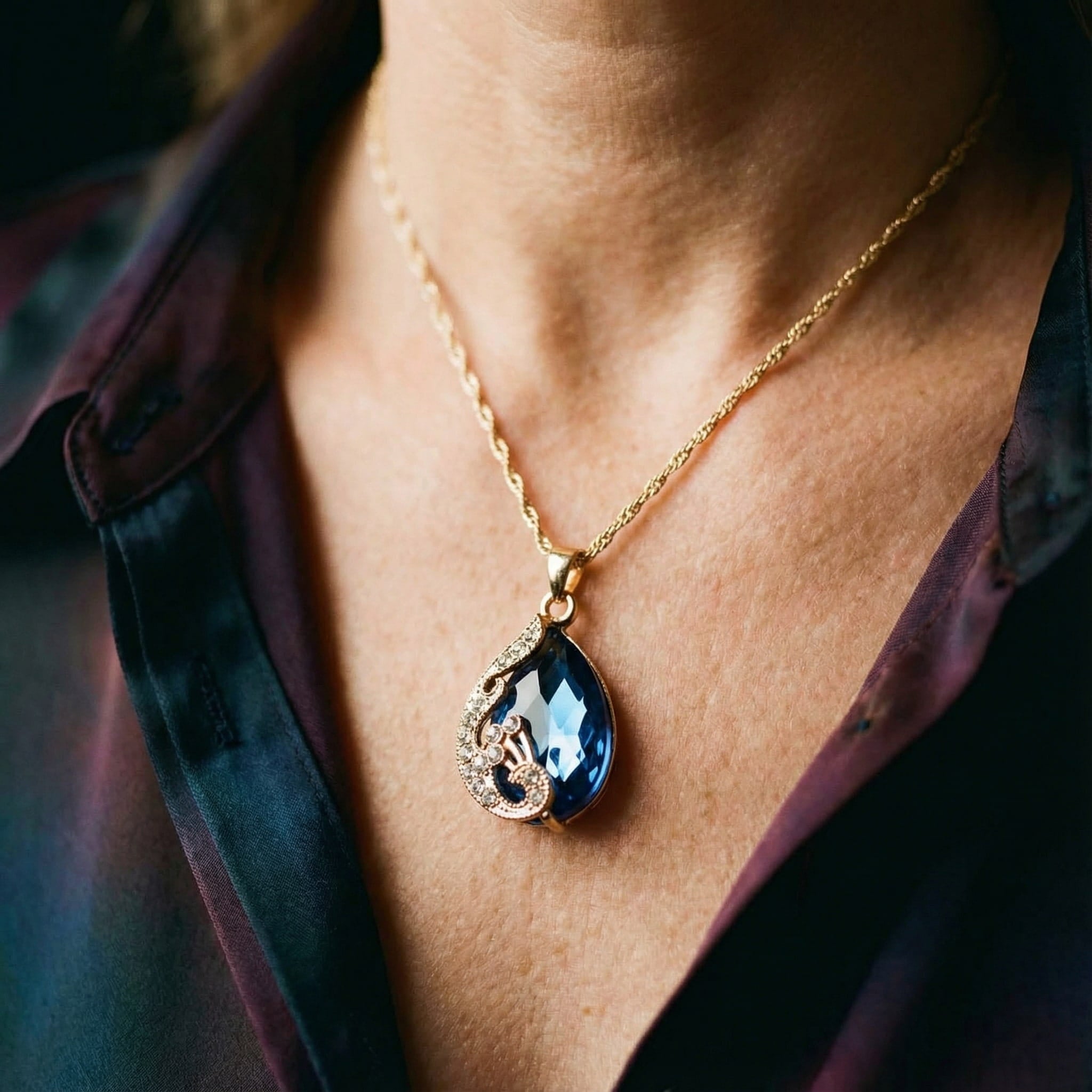 Set med halsband och örhängen i blå kristall med guldfinish