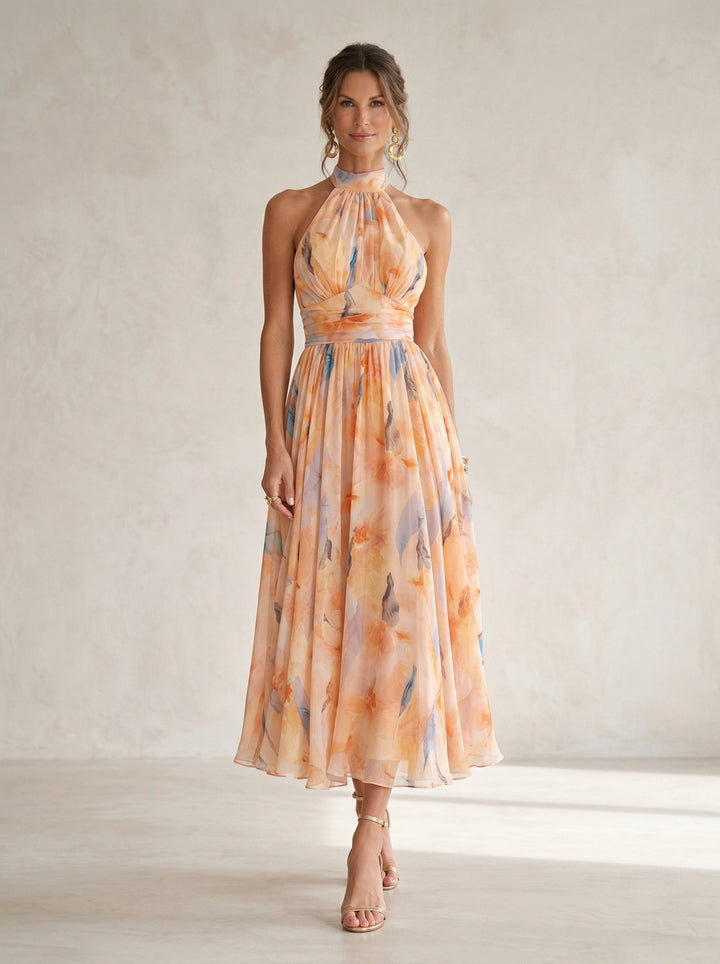 Esther™ | Halter Neck Watercolor Print Dress