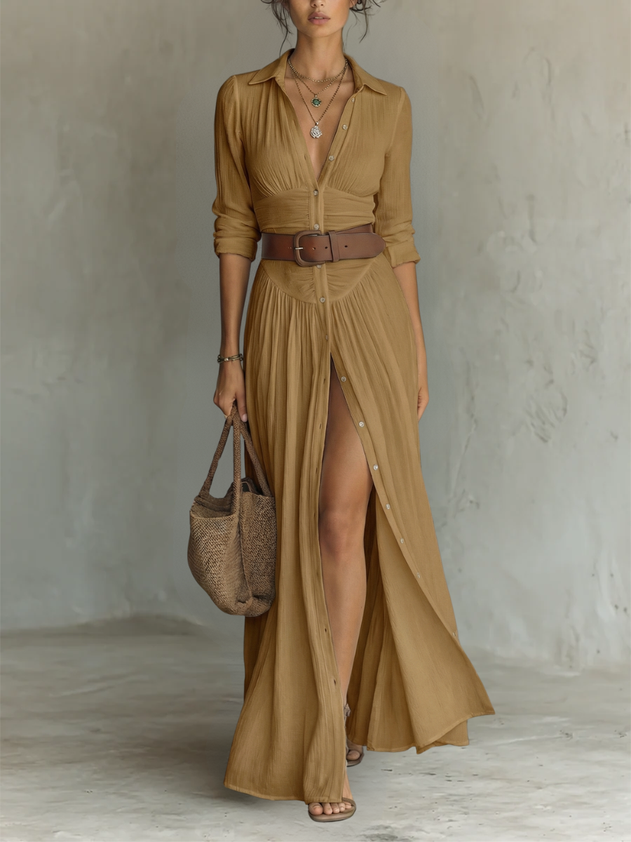 Linen Maxi Dress with Notched Collar and Long Sleeves