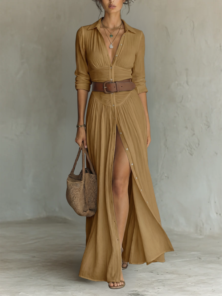 Linen Maxi Dress with Notched Collar and Long Sleeves