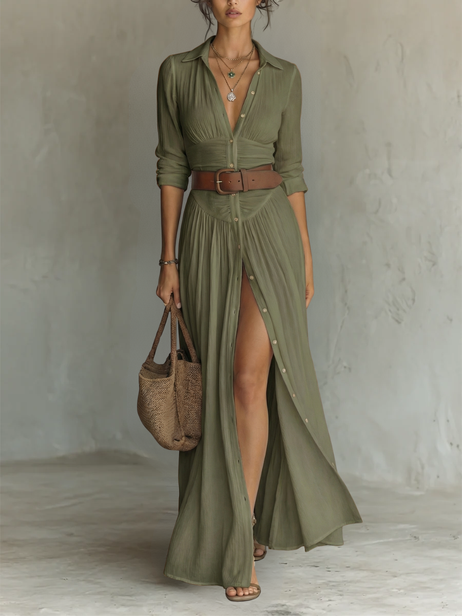 Linen Maxi Dress with Notched Collar and Long Sleeves