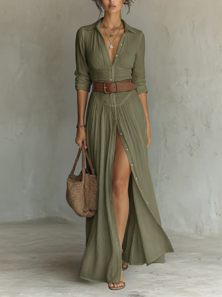 Linen Maxi Dress with Notched Collar and Long Sleeves