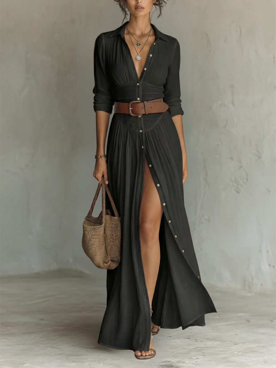 Kiara - Long Sleeve Lapel Collar Maxi Dress