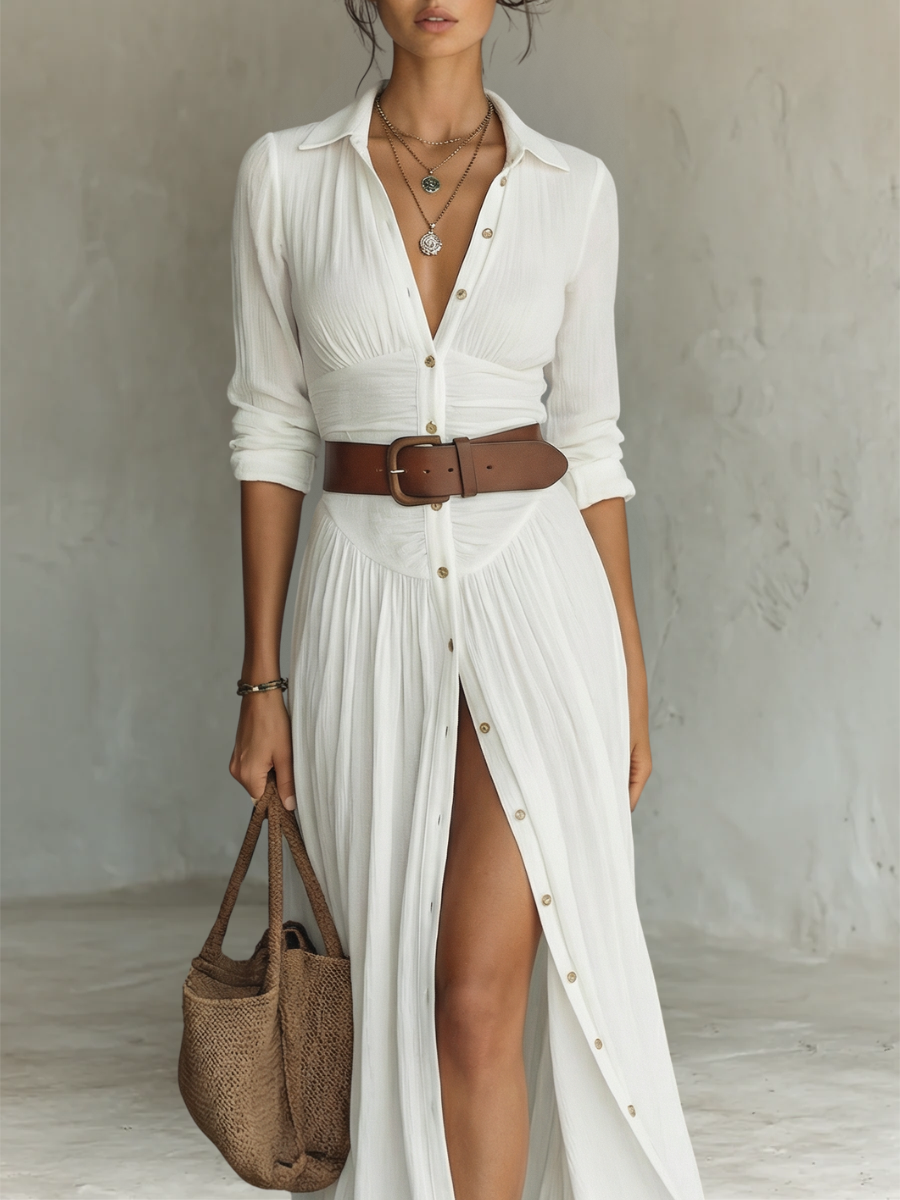 White Linen Pleated Maxi Dress
