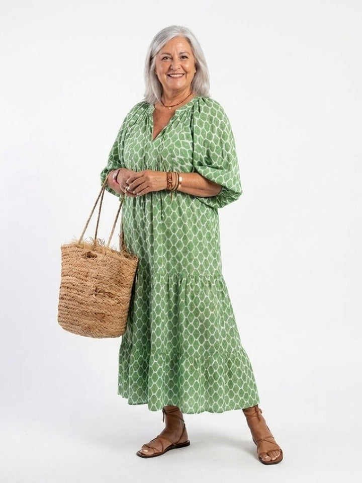 Apolline | Three-Quarter Sleeve V-Neck Patterned Midi Dress