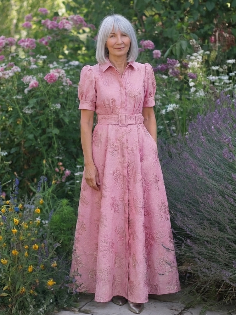Xanthea | Short-sleeved, fitted, floral textured maxi shirt dress