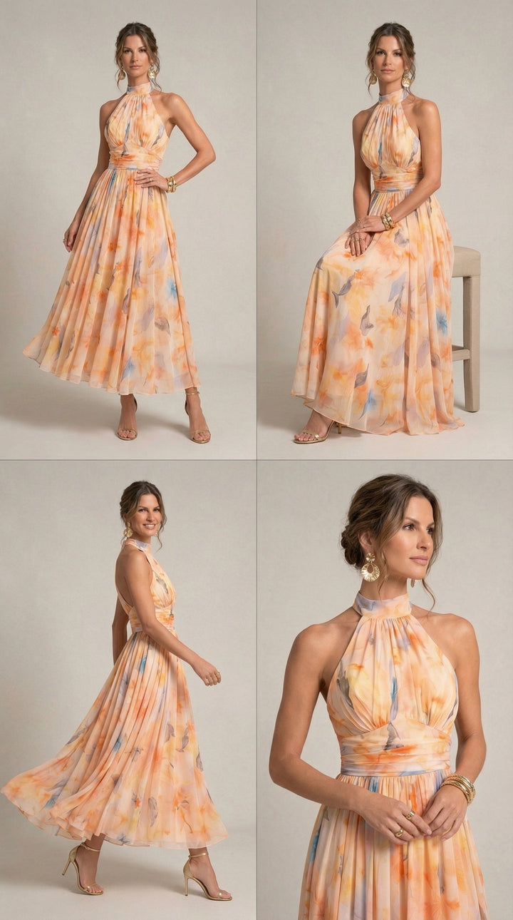 Esther™ | Halter Neck Watercolor Print Dress