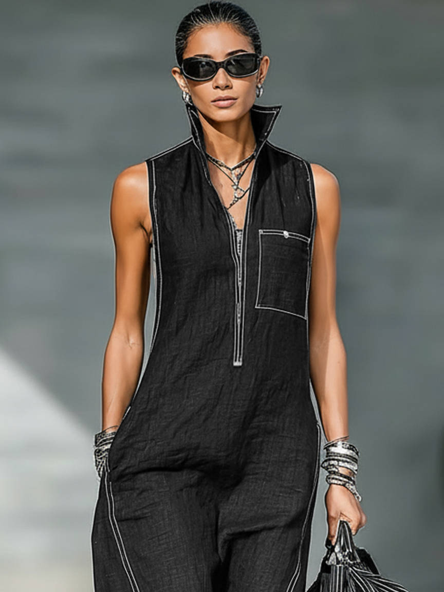Sleeveless Overalls with White Hem