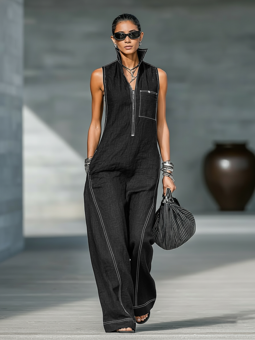 Sleeveless Overalls with White Hem