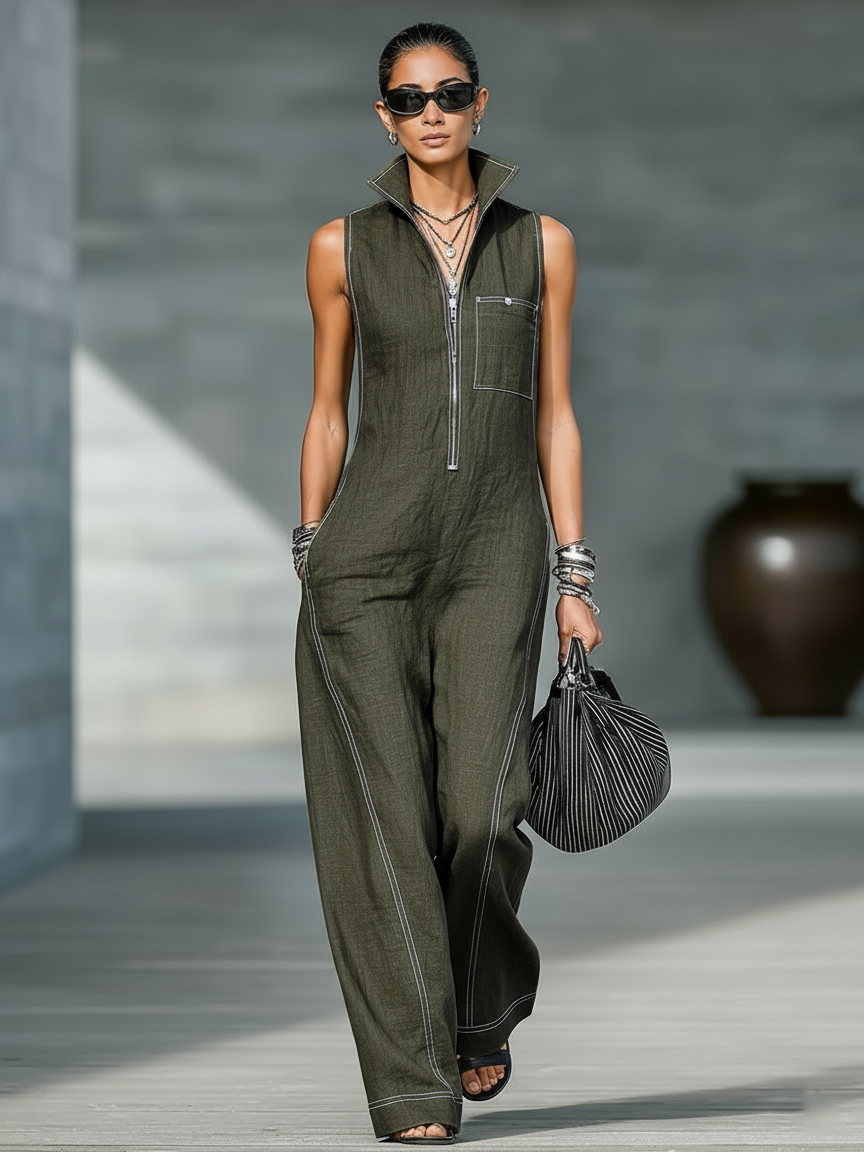 Sleeveless Overalls with White Hem