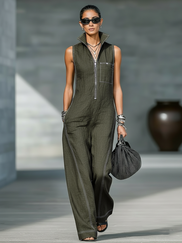 Sleeveless Overalls with White Hem