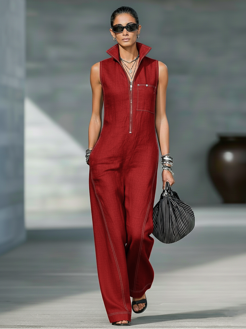 Sleeveless Overalls with White Hem