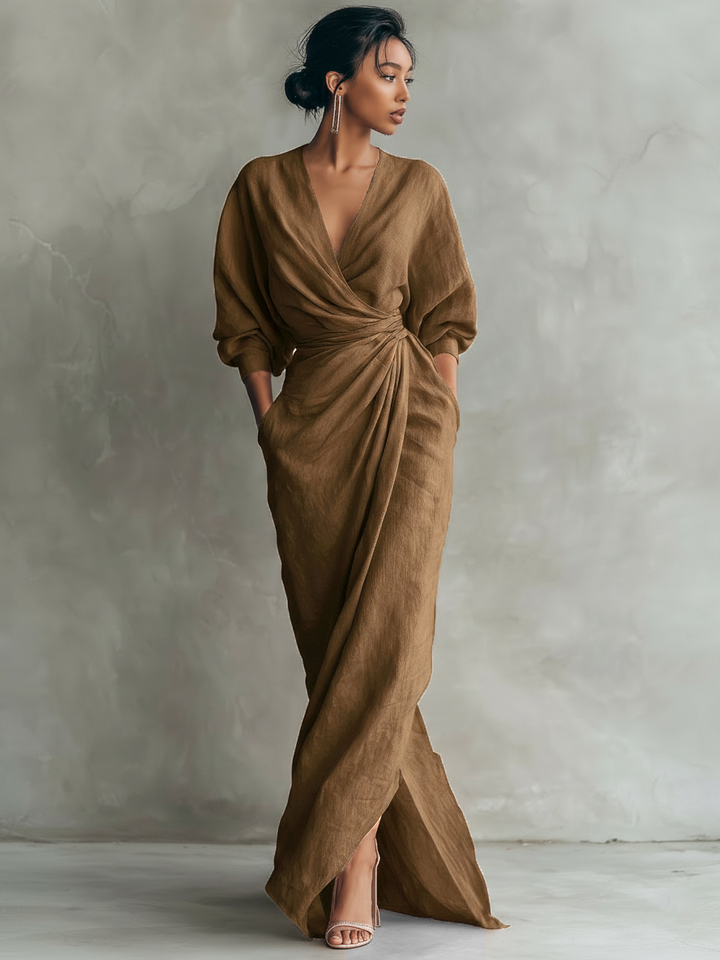 Pink Linen Maxi Dress V-Neck