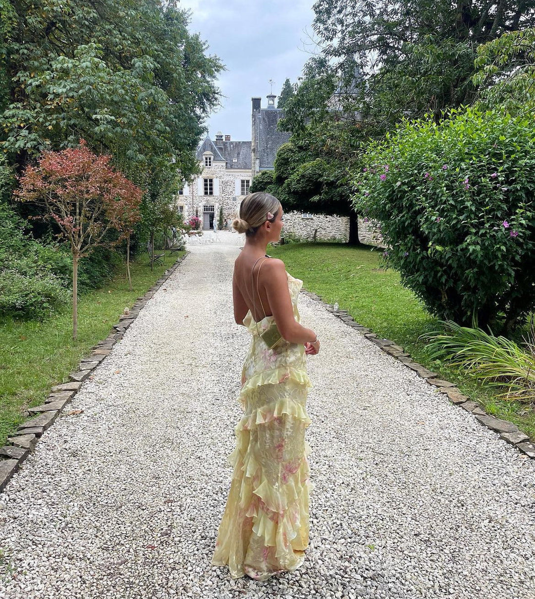 Olivia | Floral Ruffle Open-Back Maxi Dress