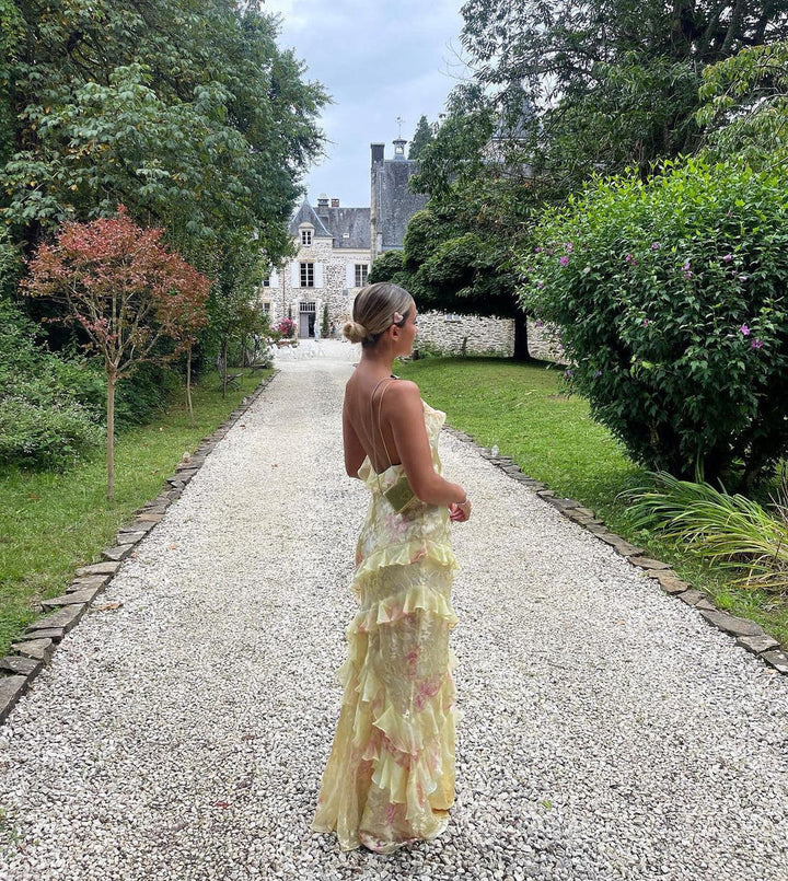 Olivia | Floral Ruffle Open-Back Maxi Dress
