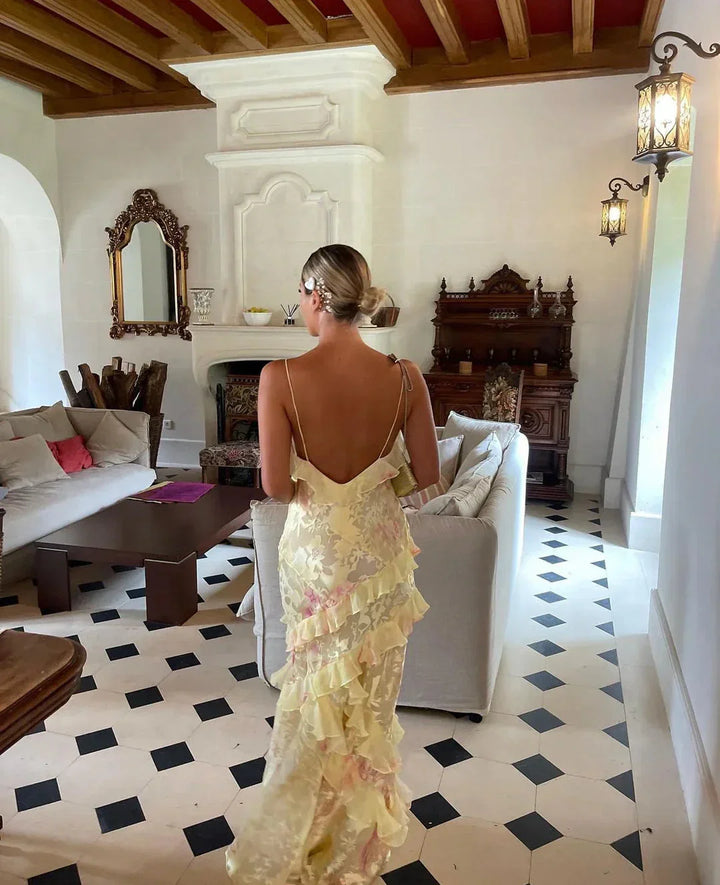 Olivia | Floral Ruffle Open-Back Maxi Dress