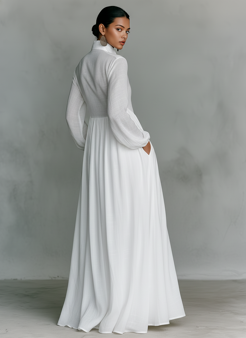 Patchwork Linen Maxi Dress with Stand Collar
