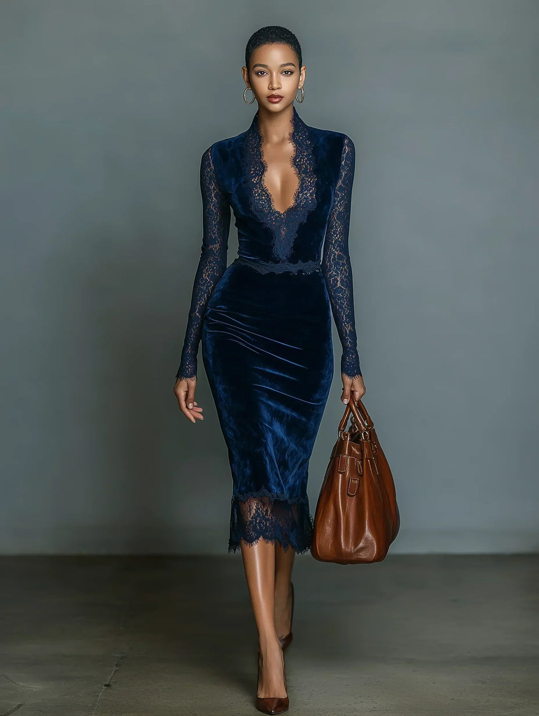 Velvet Midi Dress V-Neck Lace