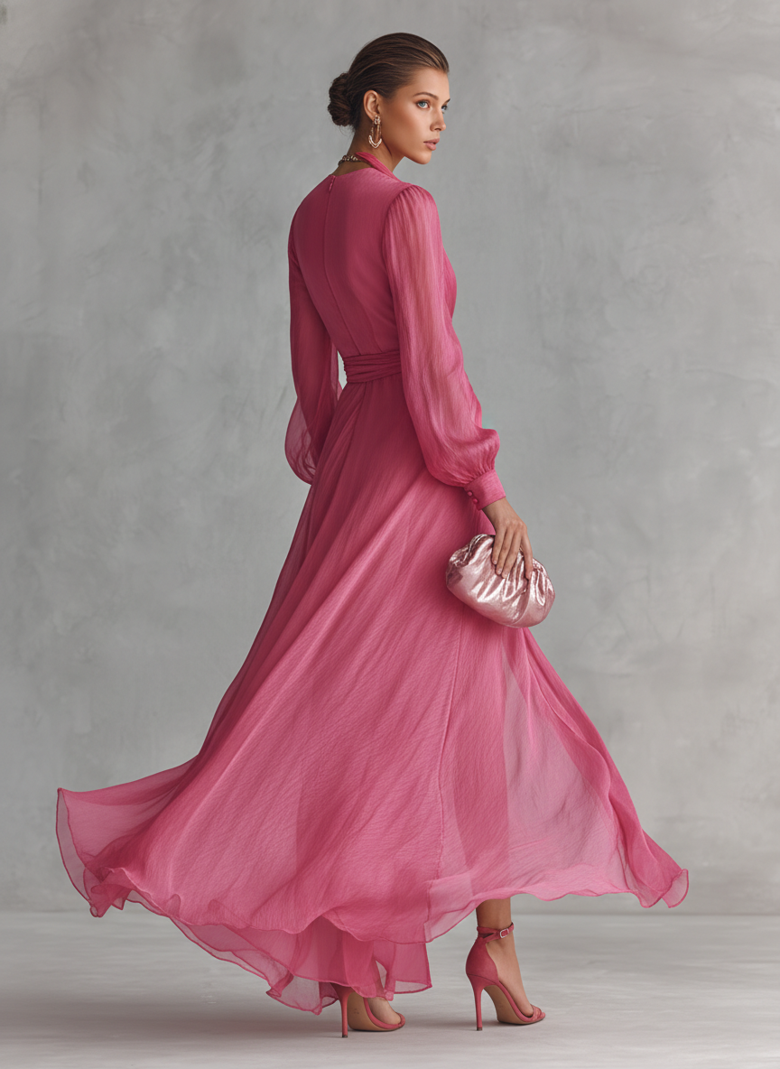 Pink Chiffon Dress V-Neck