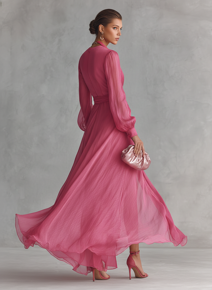 Rose Chiffon Dress with V-Neck