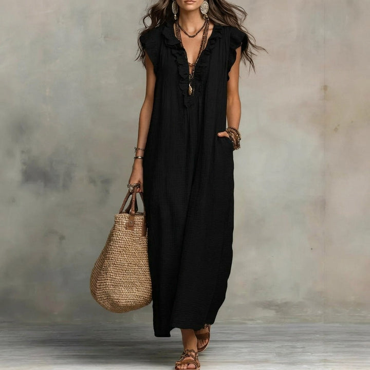 Josefina | Long Linen-Textured Dress with V-Neck and Ruffles