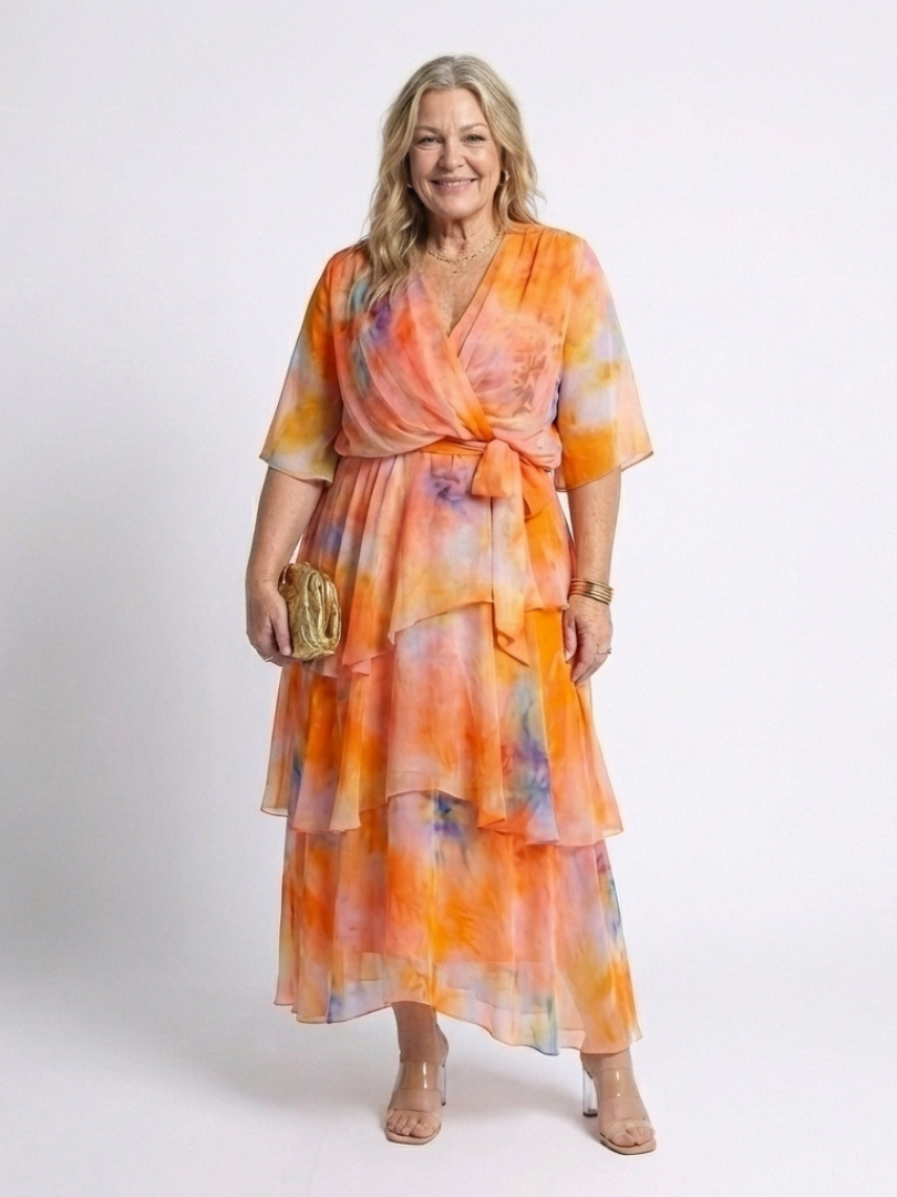 Calista | Sheer Layered V-Neck Maxi Dress with Tie Belt