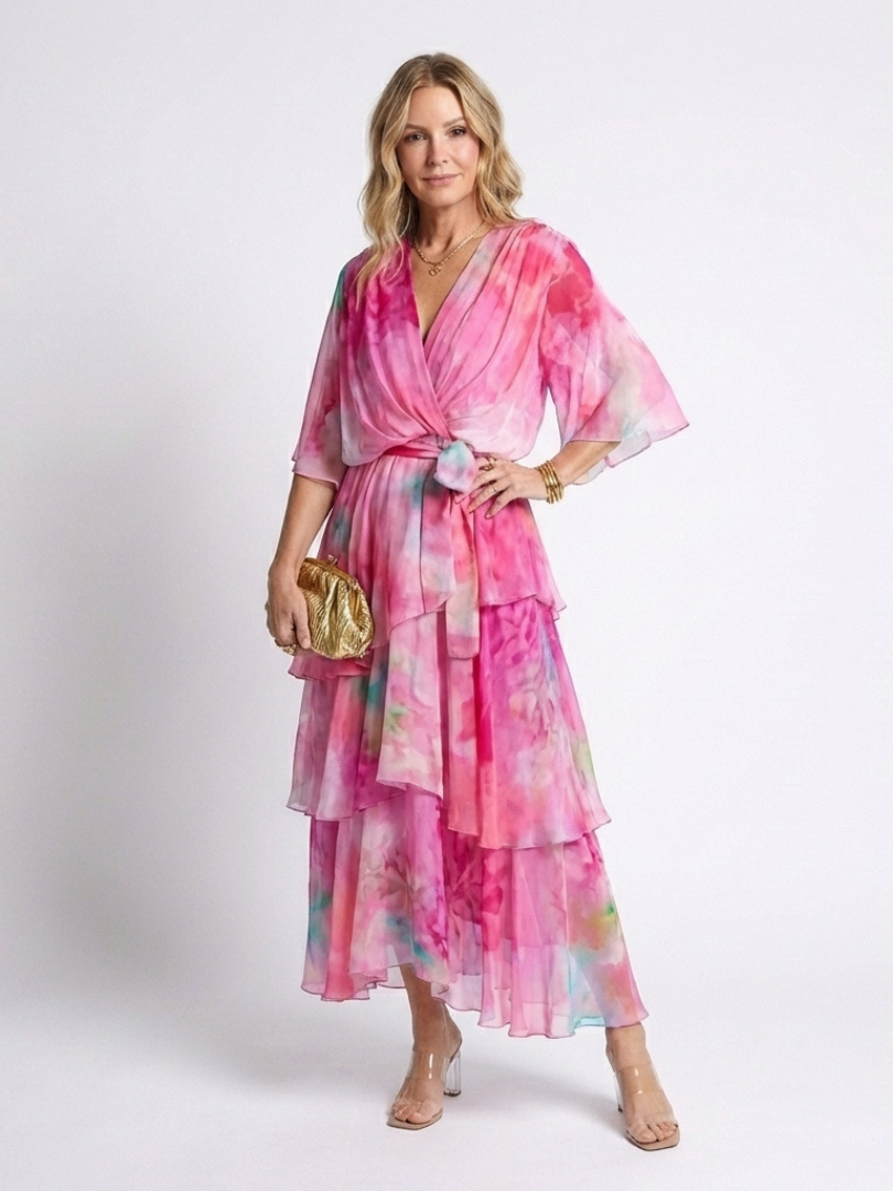 Calista | Sheer Layered V-Neck Maxi Dress with Tie Belt