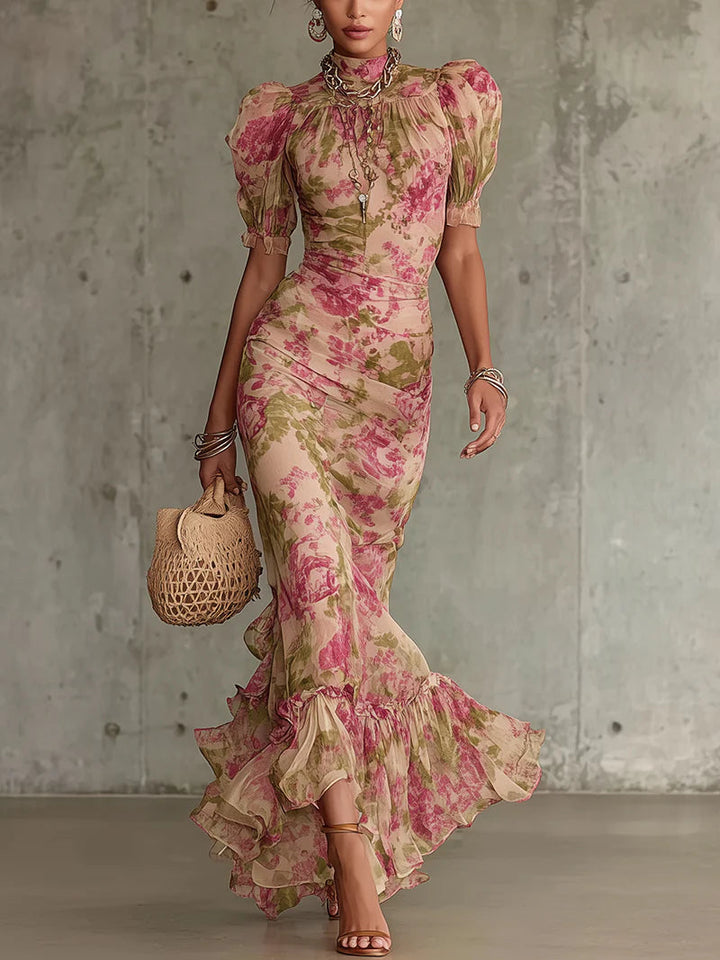 Jill - Vintage Rose Print Puff Sleeve Maxi Dress
