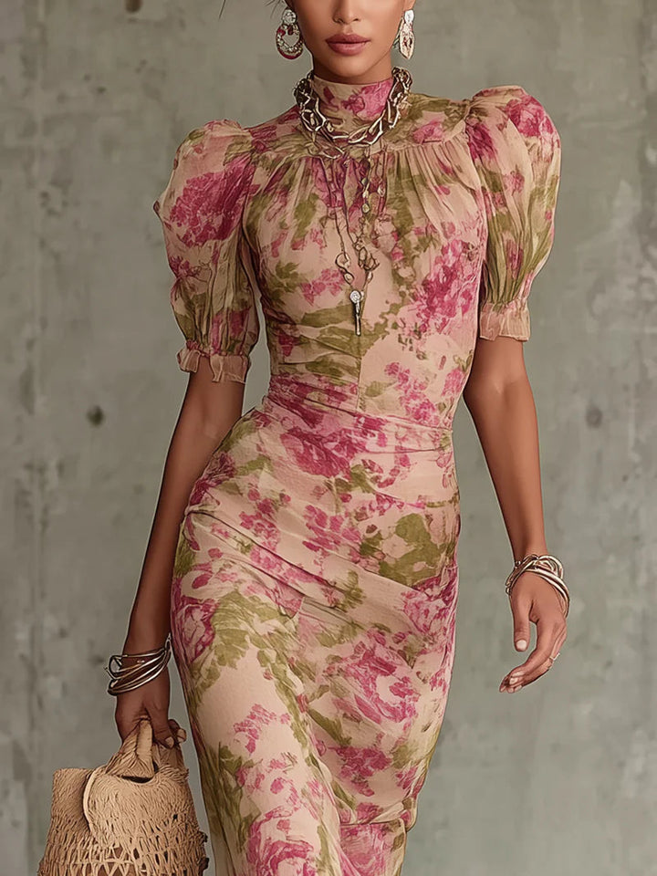Jill - Vintage Rose Print Puff Sleeve Maxi Dress