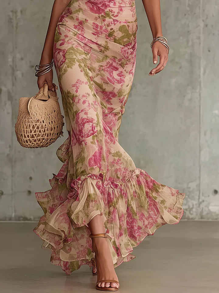 Jill - Vintage Rose Print Puff Sleeve Maxi Dress