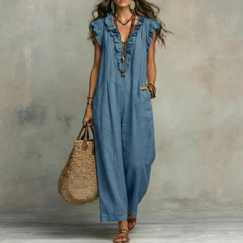 Josefina | Long Linen-Textured Dress with V-Neck and Ruffles