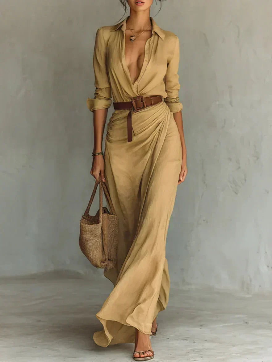 Women Ruched Maxi Shirt Dress Belted Long Sleeve Button Front