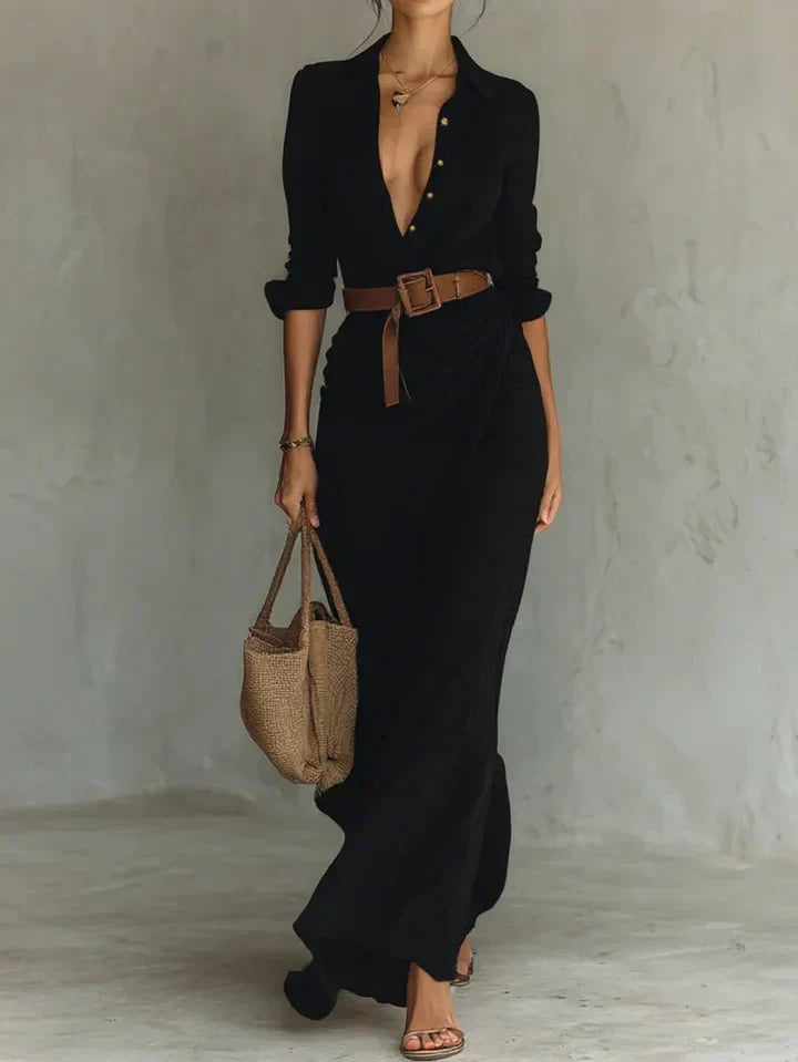 Women Ruched Maxi Shirt Dress Belted Long Sleeve Button Front