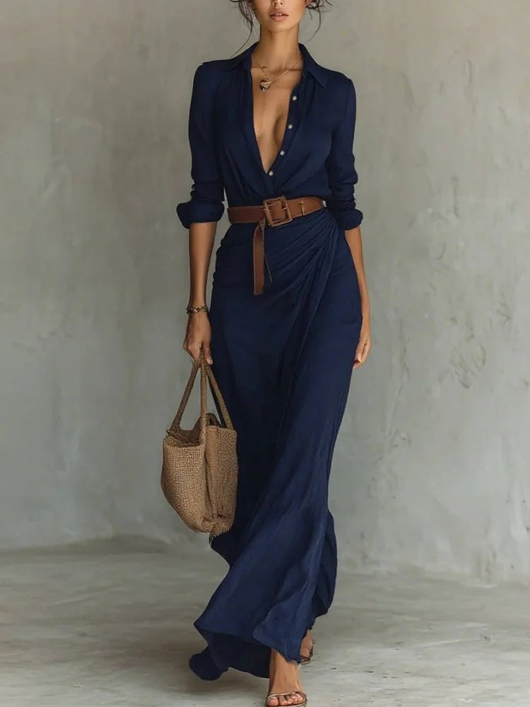 Women Ruched Maxi Shirt Dress Belted Long Sleeve Button Front