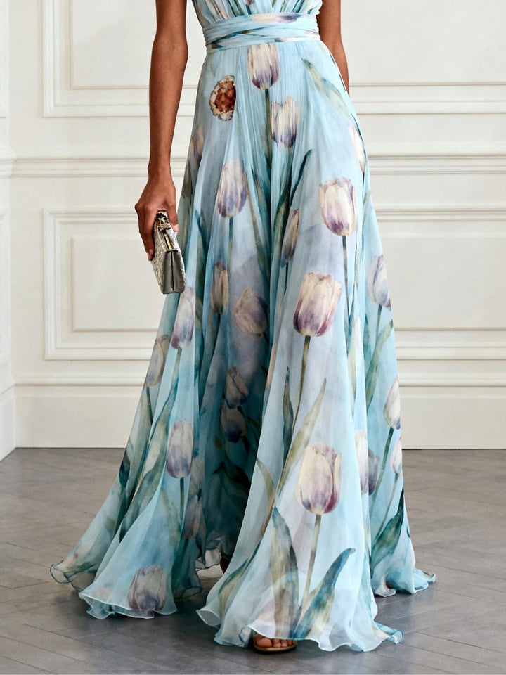 Nerea  - Elegant Tulip Print V-neck Maxi Dress