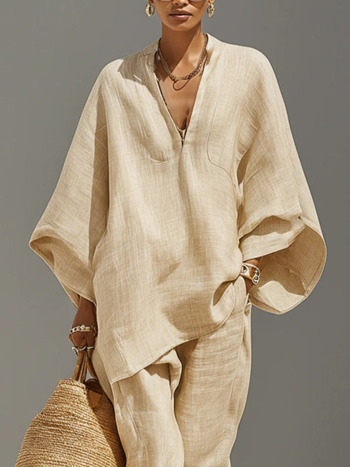 Caroline - Light Khaki Asymmetrical Minimalist Top and Jogger Pants Set
