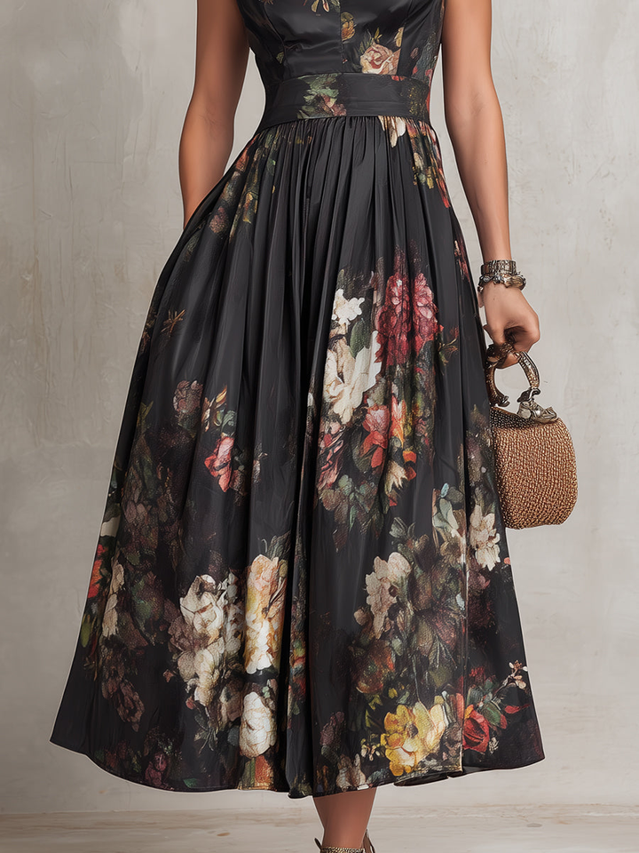 Rosie - Black Keyhole Collar Floral Pleated Satin Midi Dress