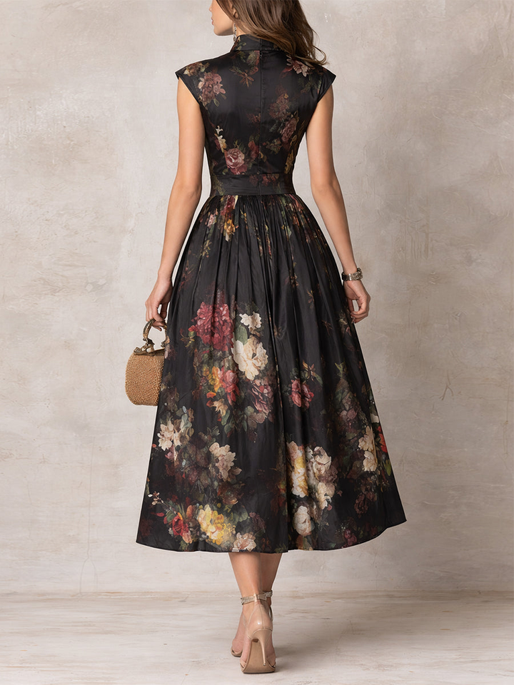 Rosie - Black Keyhole Collar Floral Pleated Satin Midi Dress
